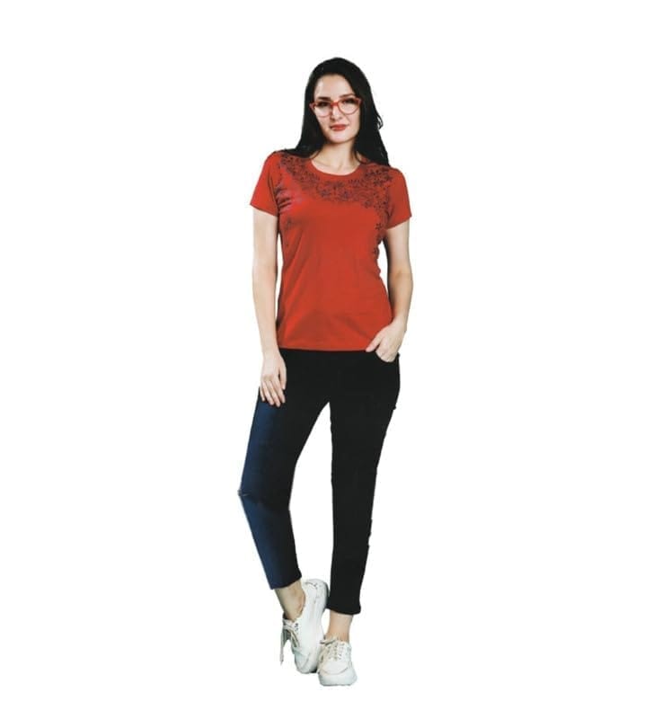 Women's Cotton Printed Round Neck T.Shirt (Red, M)-PID54184