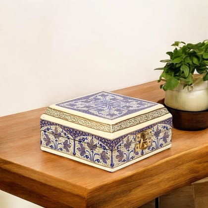 Handcrafted Kashmiri Paper Mache Multi-Storage Square BoxBlue and Pastel Yellow Handcrafted Kashmiri Paper Mache Multi-Storage Square BoxBlue and Pastel Yellow