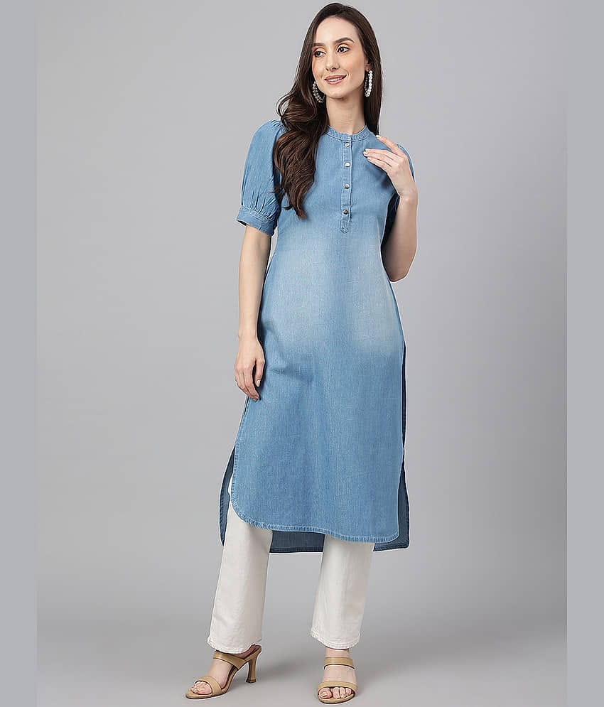 Janasya - Light Blue Denim Women's Straight Kurti ( Pack of 1 )
