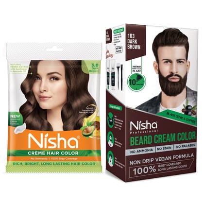 Nisha Creme Hair Colour and Beard Colour Dark Brown Combo Pack, Permanent Hair Color 40g and Beard Color for Men 120g