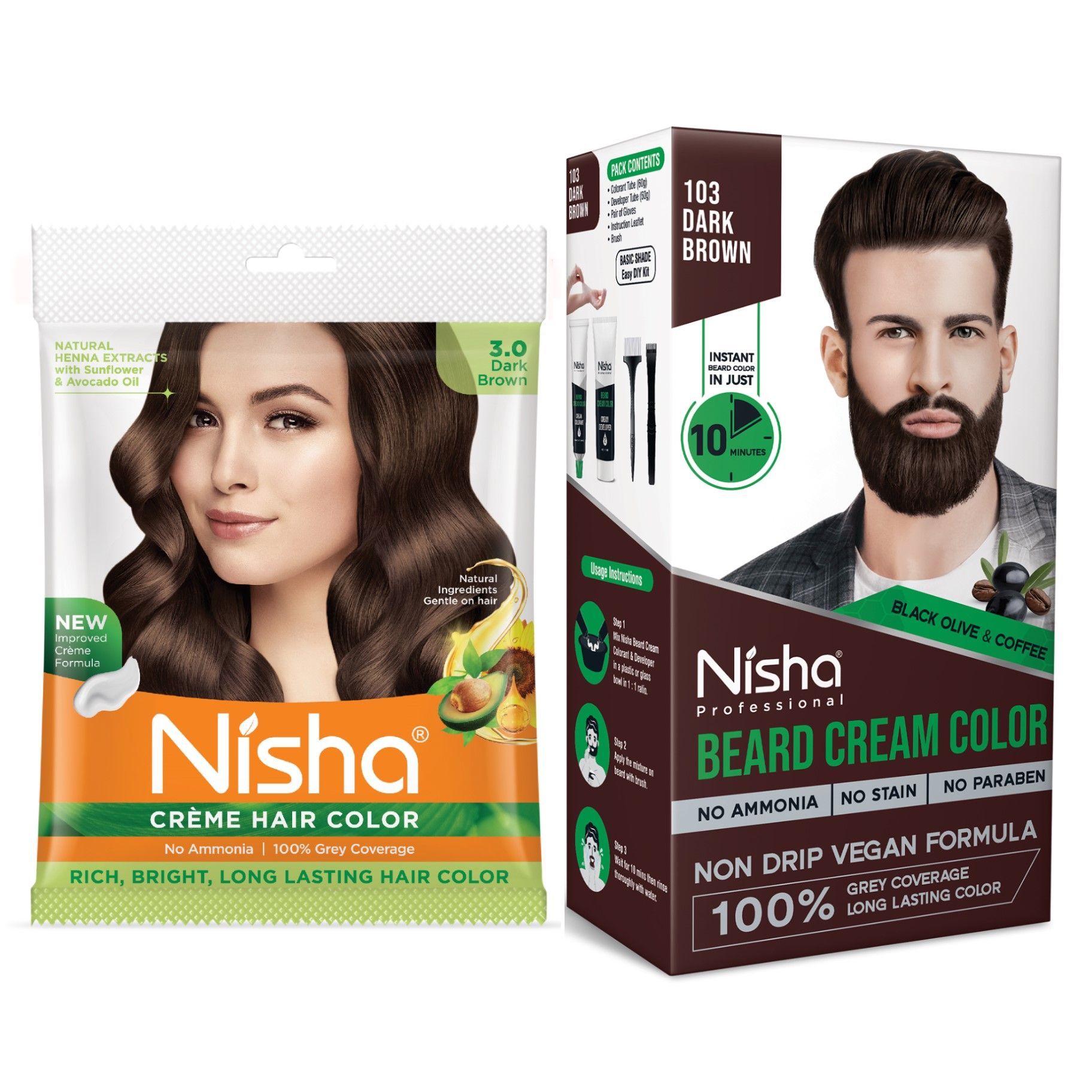 Nisha Creme Hair Colour and Beard Colour Dark Brown Combo Pack, Permanent Hair Color 40g and Beard Color for Men 120g
