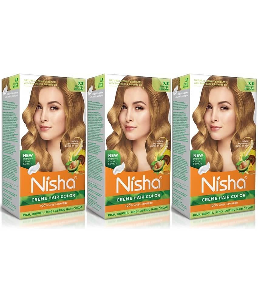 Nisha Creme Hair Color 7.3 Honey Blonde 120g Pack of 3, Permanent Hair Colour for Long Lasting Hair, 100% Grey Coverage