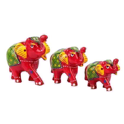 DreamKraft Paper Mache Elephant Showpiece(Set of 3, Red)