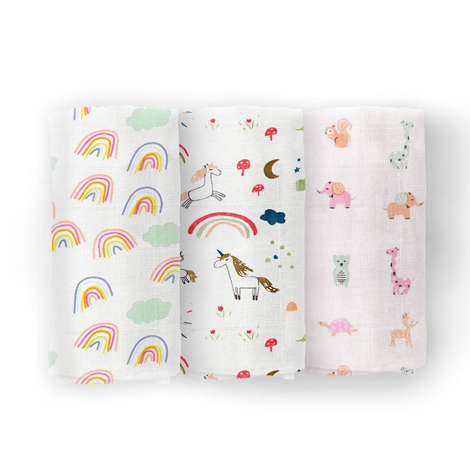 Organic Cotton Baby Muslin Cloth Swaddle | 0-12 Months | 100x100 CM | Rainbow, Unicorn, Cute Jungle | Pack of 3