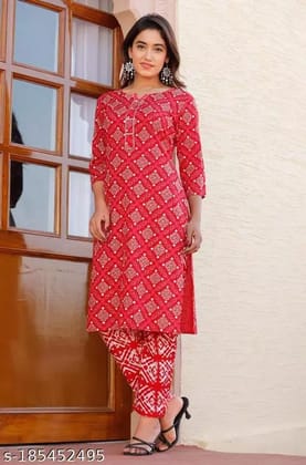 Women Rayon Printed Red Kurti With Pant ( Red)