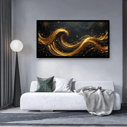 Luminary Celestial Waves–Mystical Gold Museum-Quality Cotton Canvas Handprint for Luxury Home Décor | Frame Size (127 X 69 Cm) | Frame Type (Black) | 5-Year Warranty