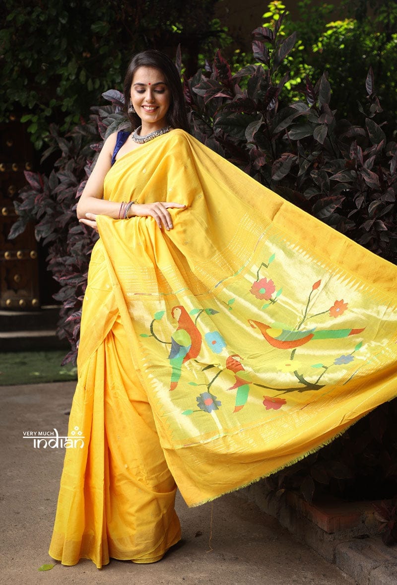 Utsaav ~ Traditional Handloom Cotton Paithani in Beautiful Yellow with Trending 3 Parrots Pallu