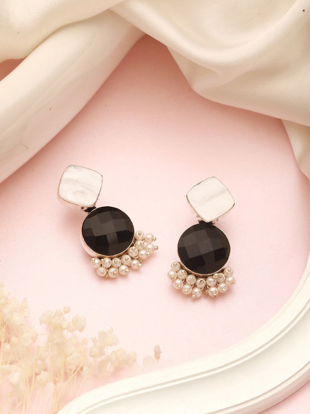 Silver Oxidised Black Stone Studded Pearl Beaded Minimal Drop earrings