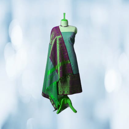 Teal Green and Purple Silk Blend Unstitched Dress Material | Ethnic Motif Zari Border | Festive Wear