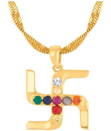 Navratan Swastik Pendant 24Ct Gold Plated With Real Semi-Precious solitaire With Gold Plated Chain