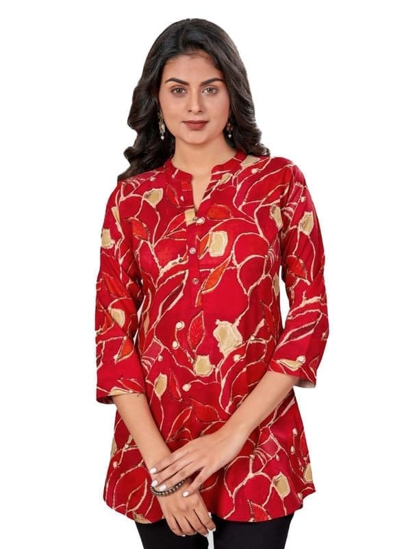 Women's Rayon Mandarin Collar 3/4 Sleeves Short Top (Red, L)-PID56260