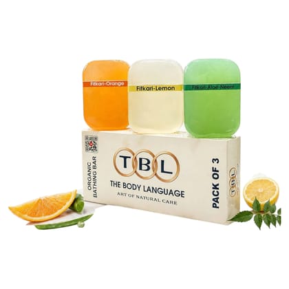 The Body Language Organic Bathing Bar (Pack of 3)  Natural Fitkari Soaps in Orange, Lemon & Aloe-Neem