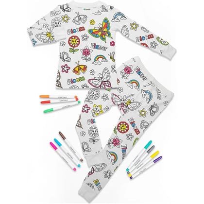 Arni Arts Magic Coloring Pajama Set Top and Bottom with Butterfly Garden Print and 12 Washable Markers for Kids Age 4 to 5 Years