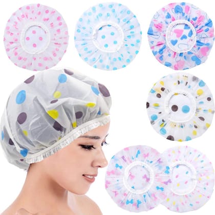 Elecsera Bathroom Hair Protect Women Shower Caps Dot Design Head Cover Adults Waterproof Bathing Cap Pack of 6