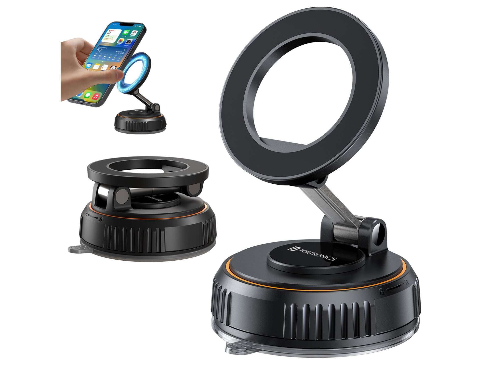 Portronics Hold Y Magnetic Vacuum Suction Mobile Holder,360 Multiple Angle Adjustment - Black