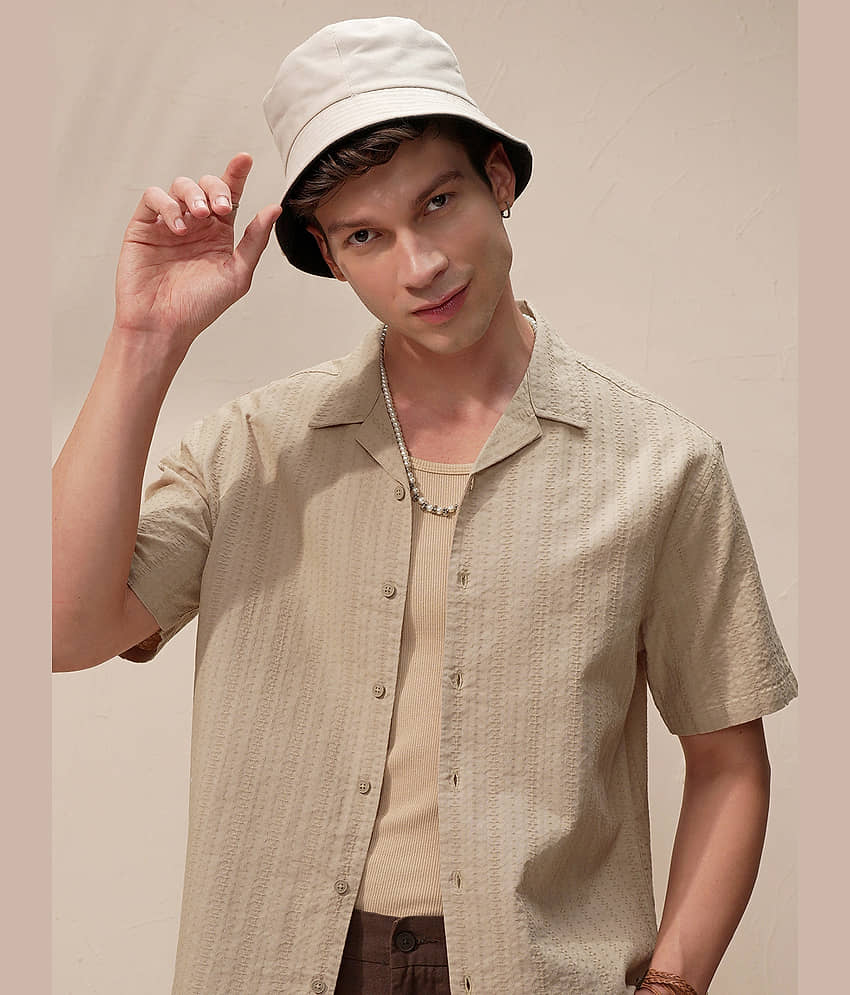 Highlander 100% Cotton Boxy Striped Half Sleeves Men's Casual Shirt - Beige ( Pack of 1 )