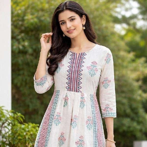 Womens White Teal Floral Print Cotton Kurta