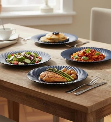 Table & Tale Luxury Porcelain Dinner Plates with Elegant Blue Pattern | Crafted in Sri Lanka | Bone-Ash Free | Scratch and Chip-Resistant | Perfect for gifting | Microwave & Dishwasher Safe | Set of 4