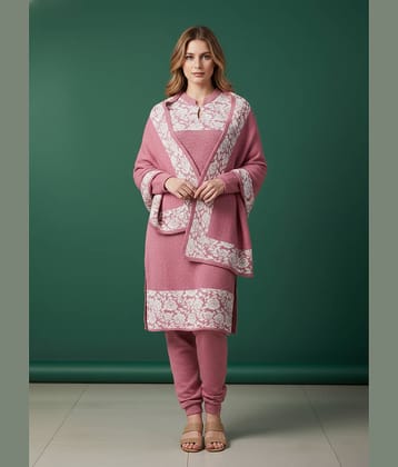 WOOL'S KART Women Woollen Printed A-line Kurti With Palazzo ( Pink )