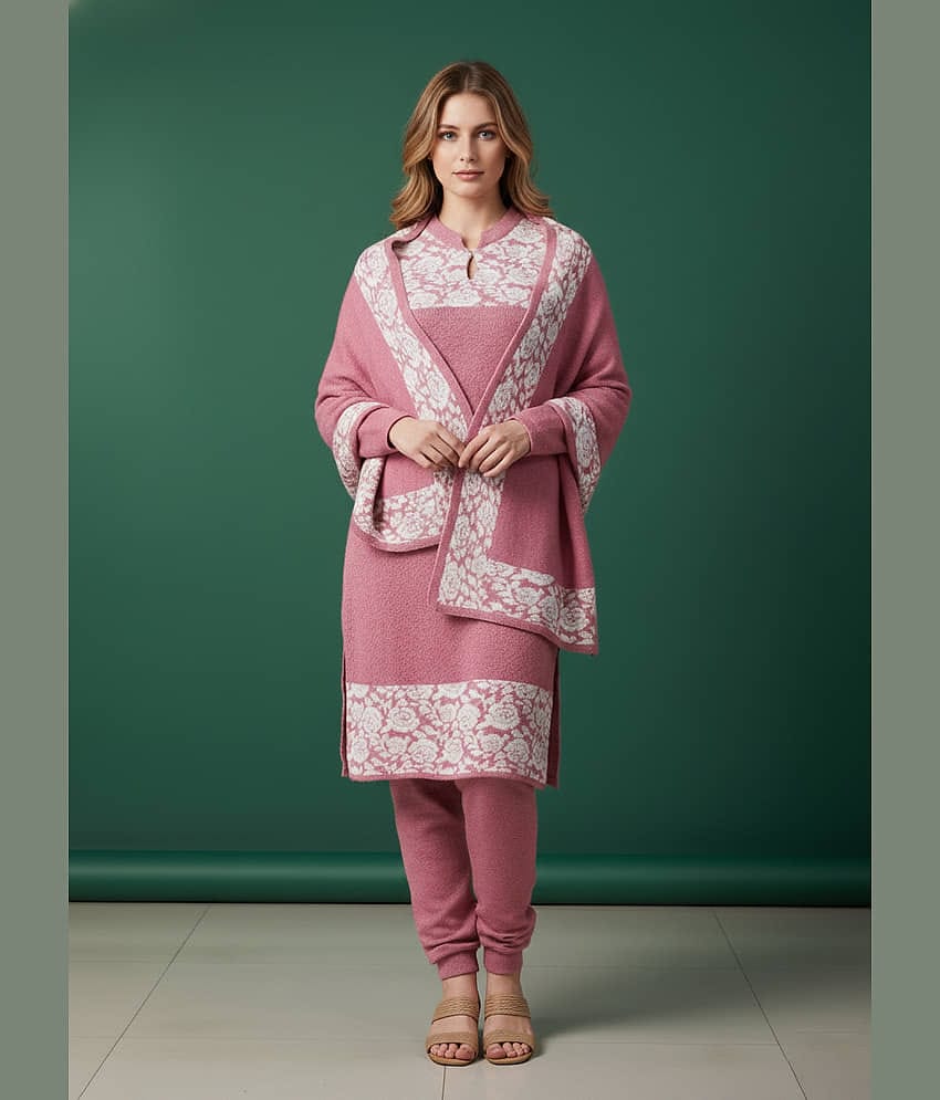 WOOL'S KART Women Woollen Printed A-line Kurti With Palazzo ( Pink )