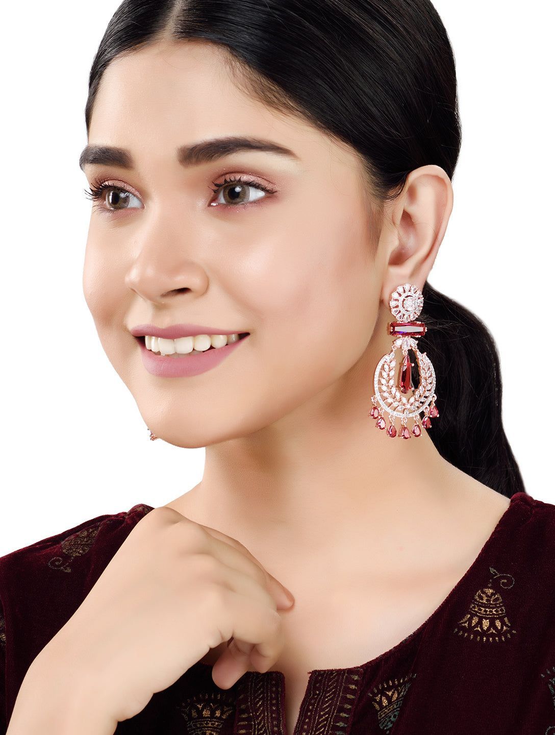 Rose Gold Plated Ruby AD studded Drop Earrings