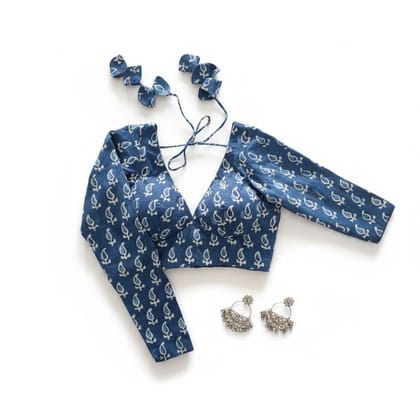Blue Paisley Printed Ethnic Blouse with Jhumka Earrings