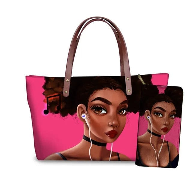 Luxury Design Handbags Ladies Women Black Art African Girl Printing 2pcs/set Hand Bag&Wallet Females Bolsas Purse