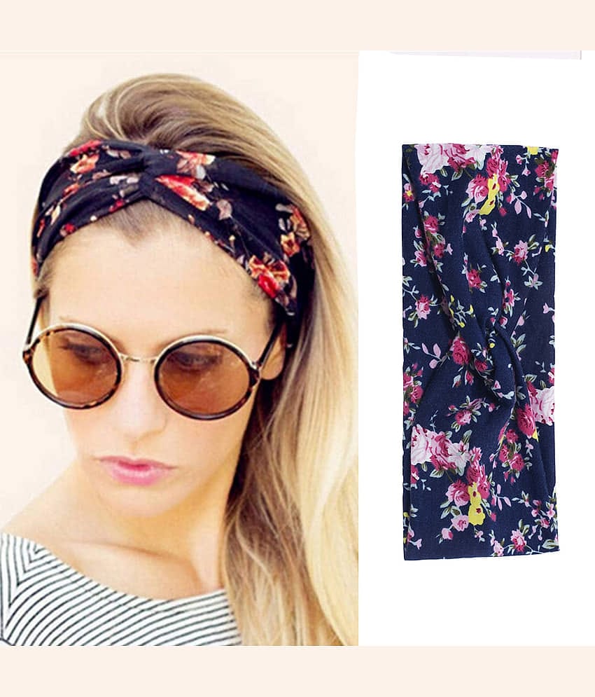 FOK 2 Pc Flower Printed Twist Knotted Yoga Sport Head Wrap Hairband Women and Girls - Blue