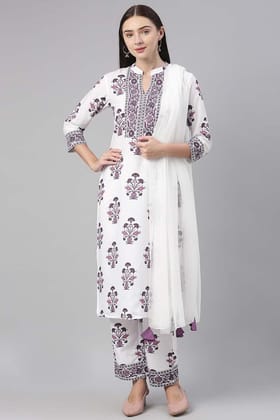 White Polyester Ethnic Motifs Straight Suit Set PKSKD1033