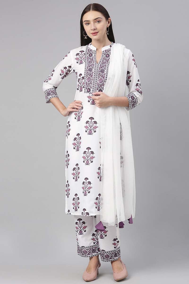 White Polyester Ethnic Motifs Straight Suit Set PKSKD1033