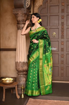 Parampara ~ Handloom Pure Silk Maharani Paithani with Majestic Maharani Pallu in Royal Green