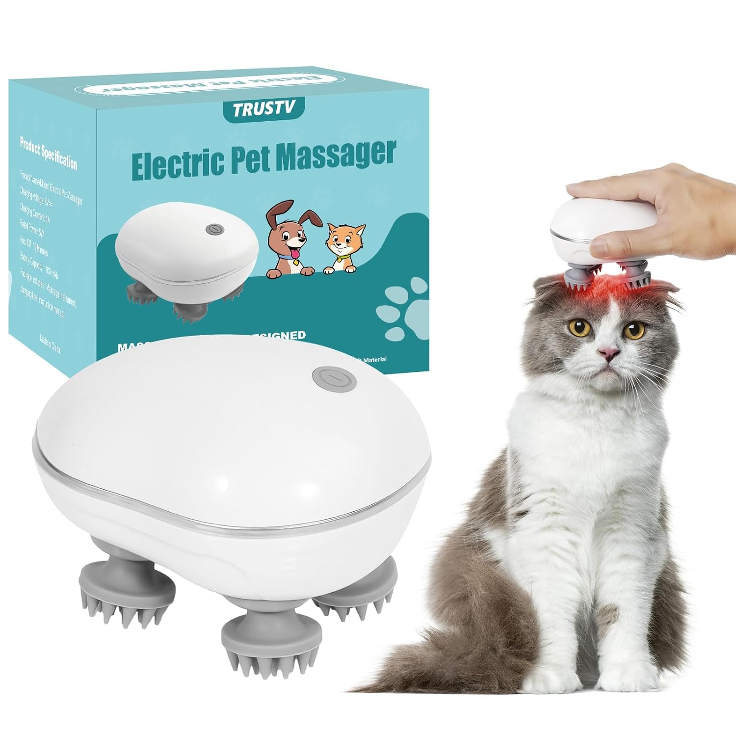 DC Electric Handheld Cat Massager for Indoor Cats and Dogs with Red Light, Cat Head and Back Massager Tool for Relieve Anxiety Stress, Tight Muscles and Stiffness with 4 Massage Heads, MASSAGER