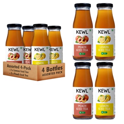 KEWL Iced Tea Assorted Pack  Lemon & Peach | Ready to Drink, Non-Carbonated | Real Brewed Tea | 200ml x 4 Bottles