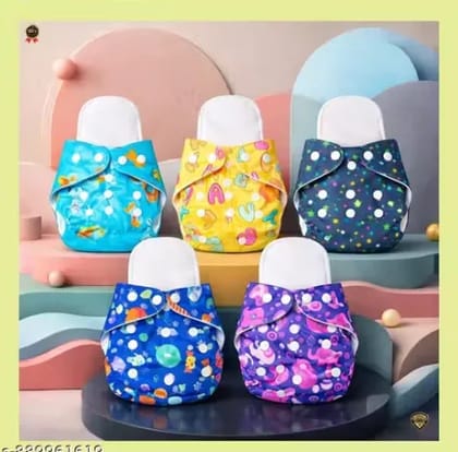 Pack of 5 ultra-soft reusable diapers with star prints, breathable fabric, strong absorbency, and adjustable fit for growing babies.
