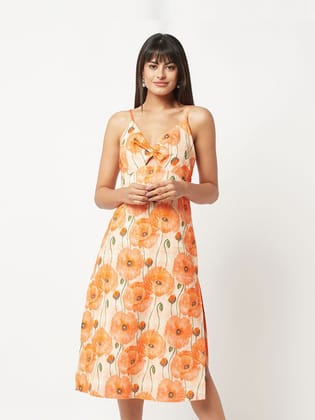 Orange Floral Shoulder Strap Dress