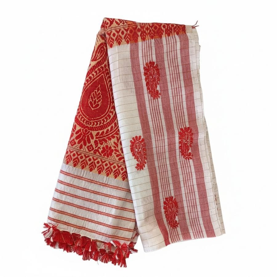 Traditional Red and White Cotton Saree