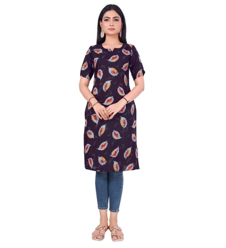 Women's Casual 3/4th Sleeve Printed Cotton Kurti (Purple, 2XL)-PID46163
