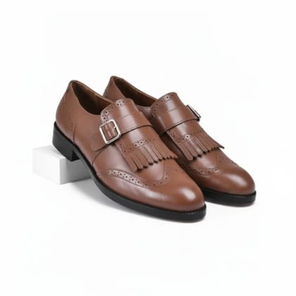 Men's Brown Leather Monk Strap Formal Shoes with Fringe