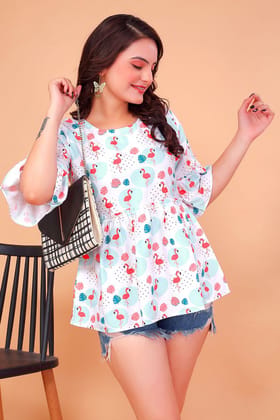 Women White Flamingo Print Regular Fit Crepe Top with Round Neck & Bell Sleeves