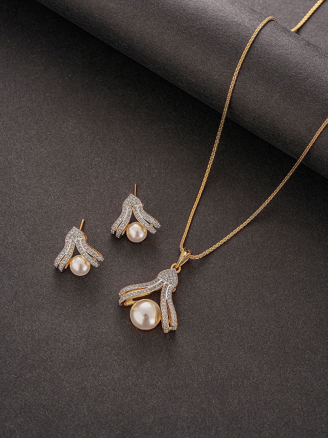 Gold Plated AD Zircon Pearl Studded Minimal Pendant Jewellery Set