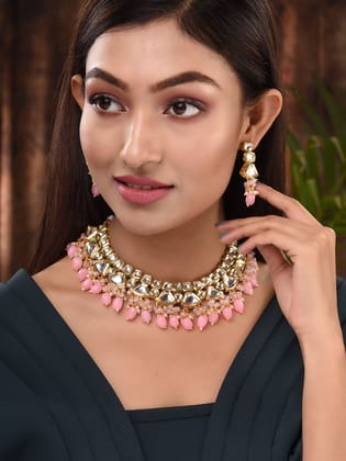 Gold Toned Kundan & Pink Bead studded Handcrafted Jewellery Set