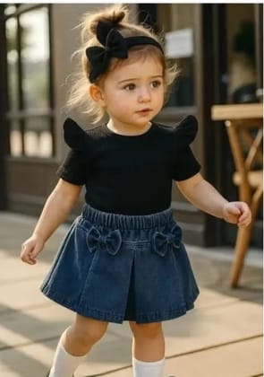 Kids denim collection, Latest and trending denim clothing girls set, Girls denim outfit, Latest dresses baby girls party festive, Fashion girls western wear, Cute girls denim skirt set, Infant girls jeans set, Trendy girls half sleeve top with denim skirt