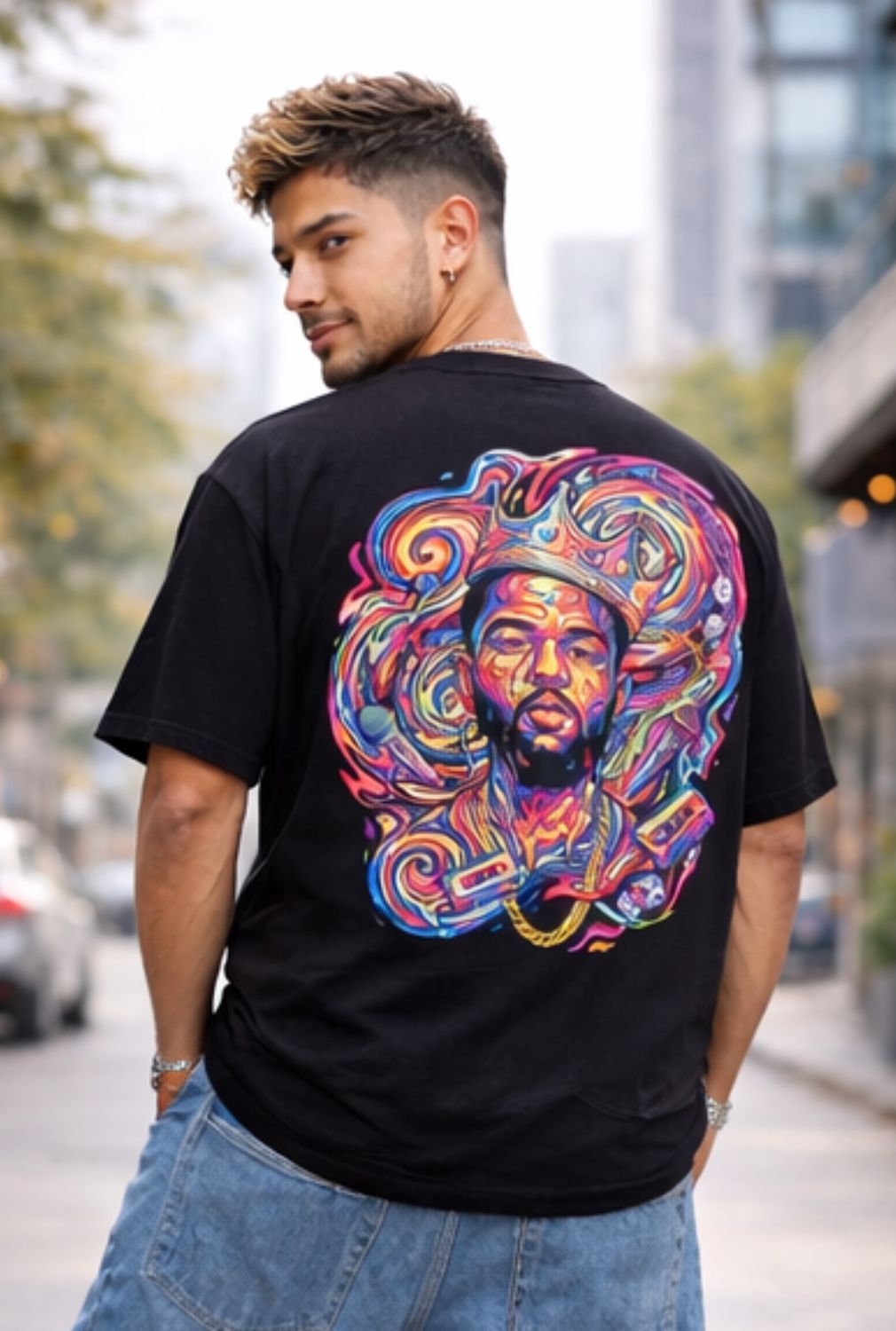 Hue Nox Men's Black Rapper 1 Graphic Oversized T-Shirt
