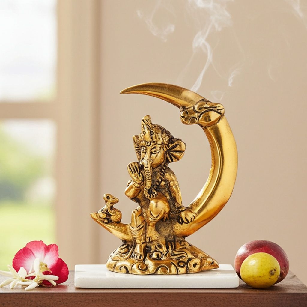 Aluminium Showpiece Ganesh Ji God Idol Sitting On Moon (ASMAS286 G)