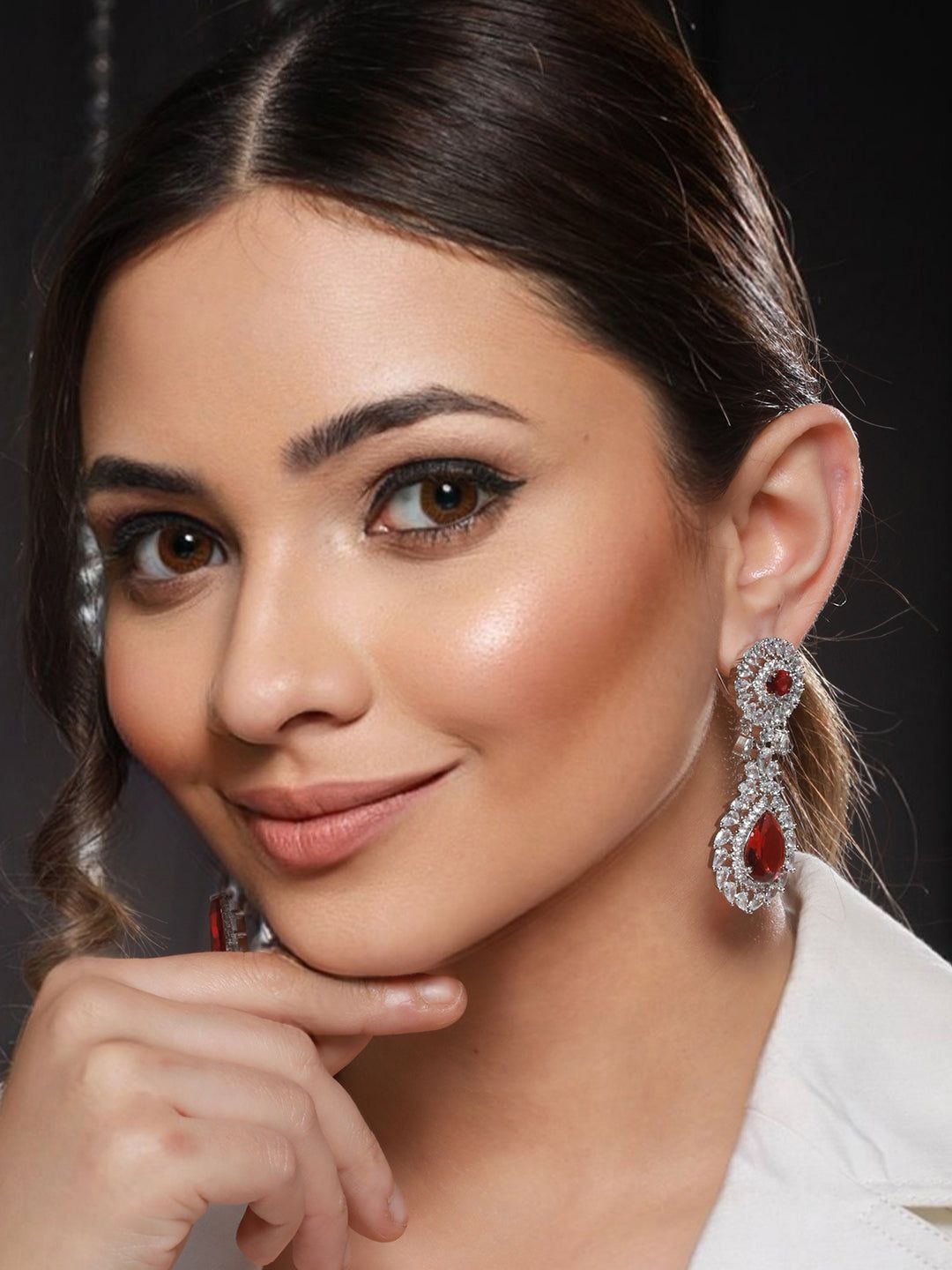 Silver plated Red Ruby CZ Studded Statement designer Earrings