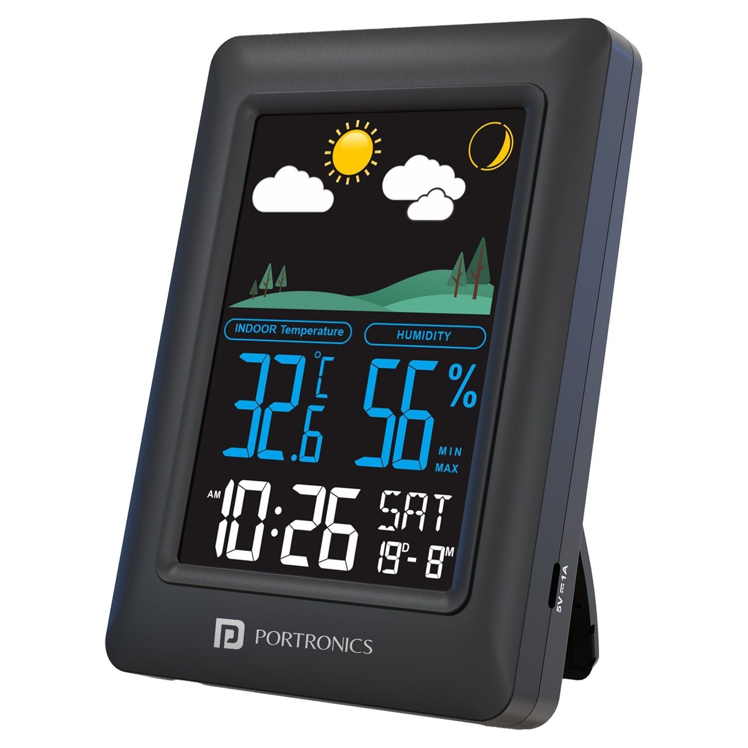 Portronics Meteo Indoor Weather Station LED Display Temperature & Humidity Monitor, Max/Min Records  Alarm & Snooze, 12/24 Format - Black