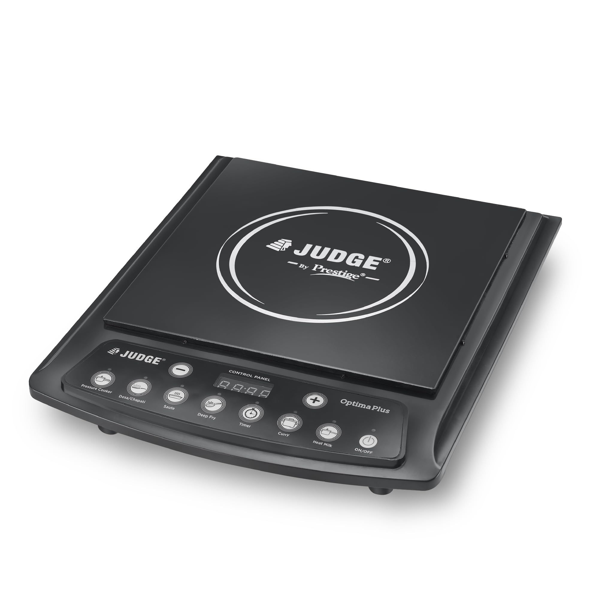 Judge by Prestige 1600Watts Optima Plus Induction Cooktop | Pre-Set Indian Menu Options | Timer Function | Push Butoon | Easy to Clean Design, Black Judge by Prestige 1600Watts Optima Plus Induction Cooktop | Pre-Set Indian Menu Options | Timer Function 