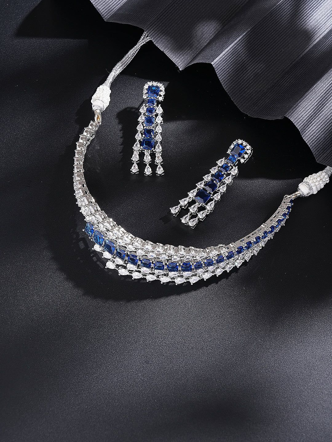 Silver Toned Sapphire Blue AD Contemporary Statement Choker Jewellery Set