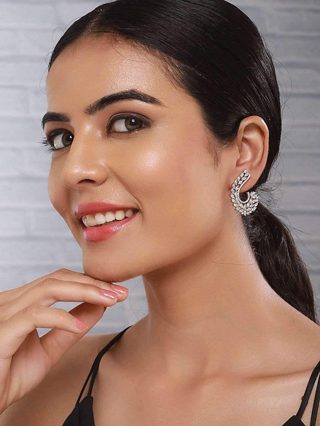 Silver Toned Zircon Studded Handcrafted Feather Shaped C Hoop Earrings