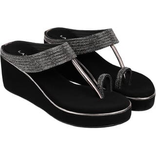 Lazera Black Wedge Sandals for Women Diamond T Strap Cushioned Footbed Rubber Sole